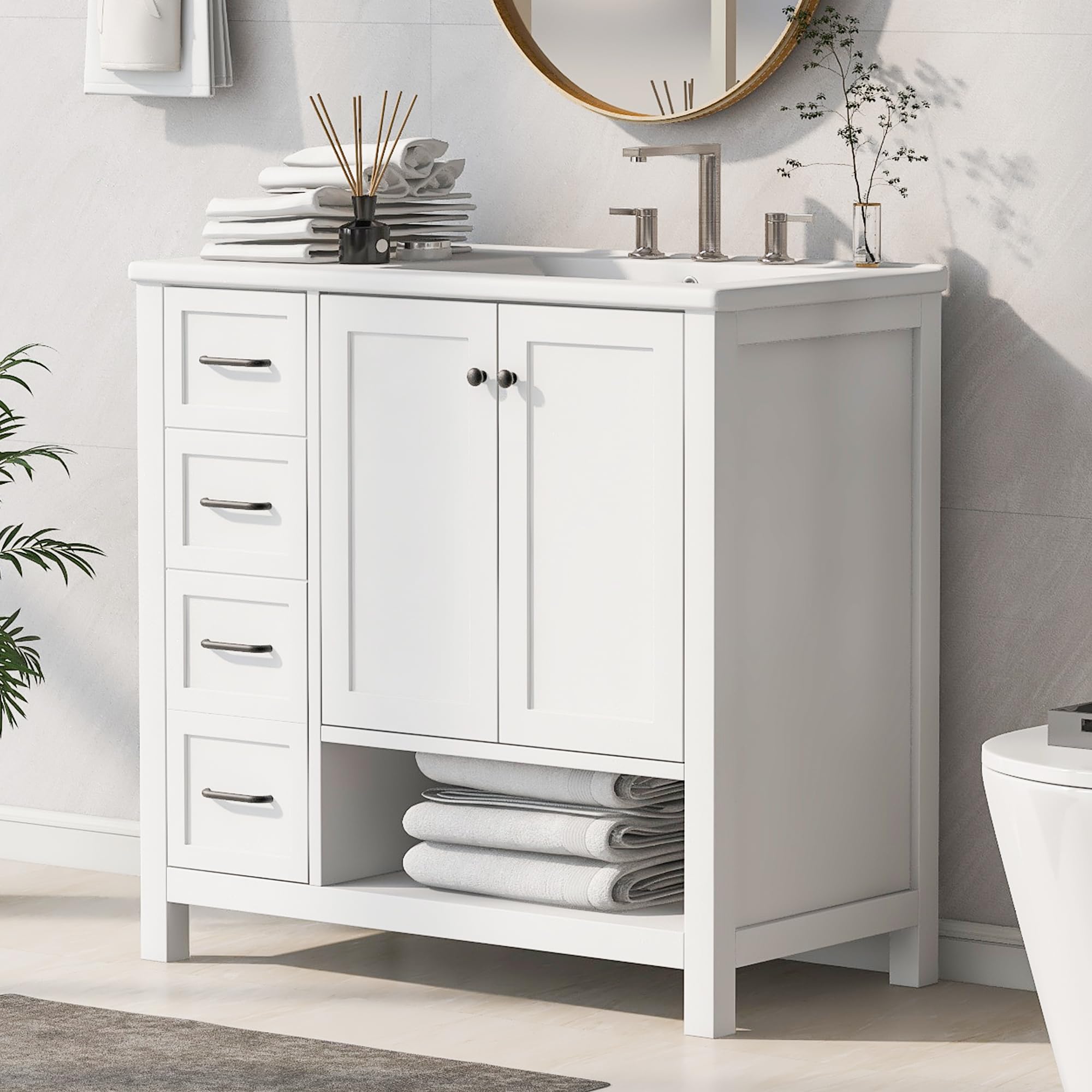 Lunanniu 36 Inch Bathroom Vanity with Right Offset Ceramic Sink
